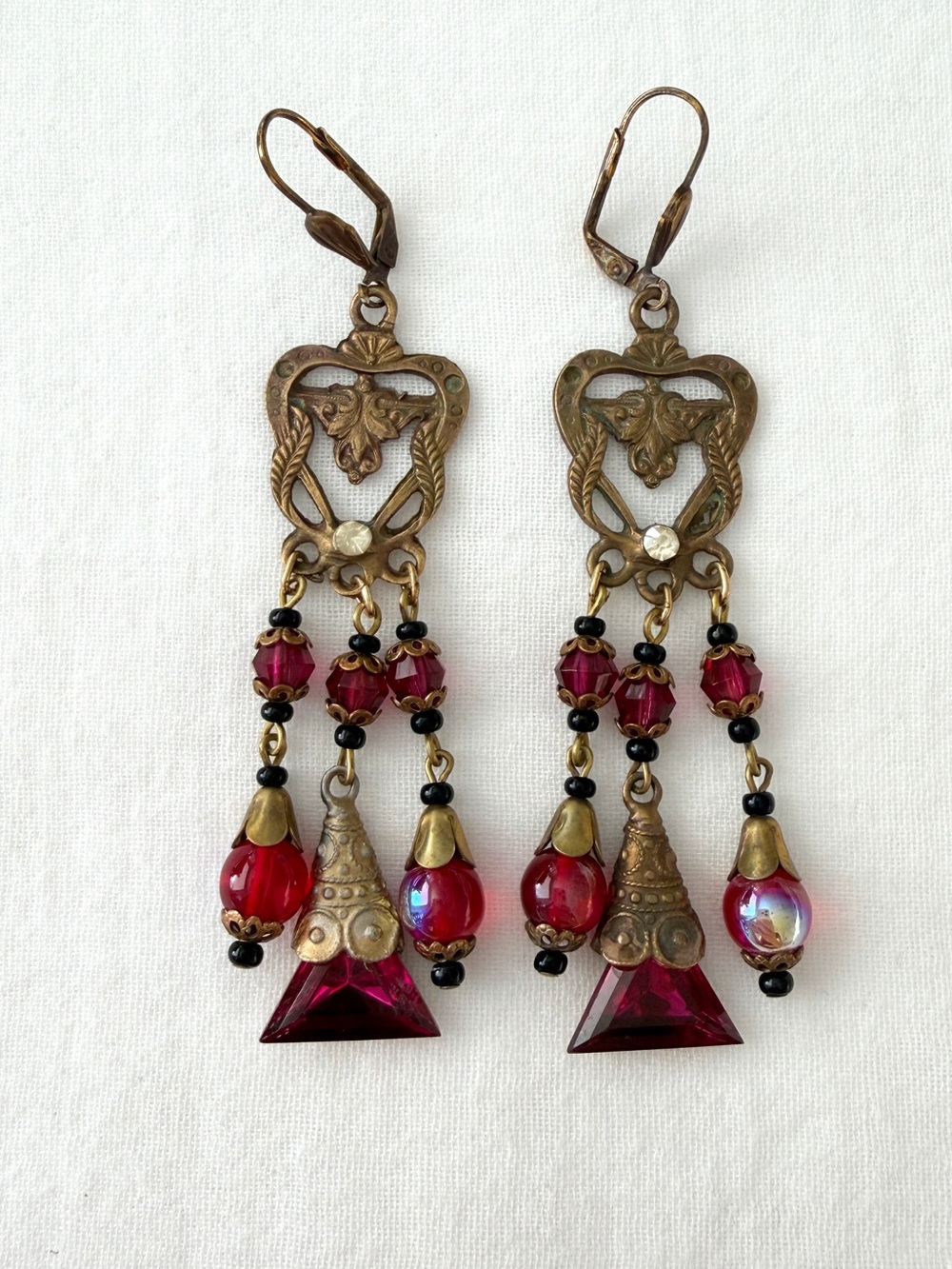 Vintage Czech Art Nouveau Ornate Brass & Burgundy Glass Statement Earring